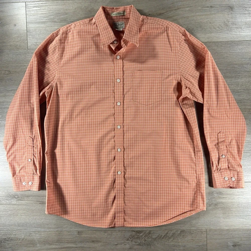 LL Bean Mens Large Orange Check Wrinkle Free Traditional‎ Fit Button Down